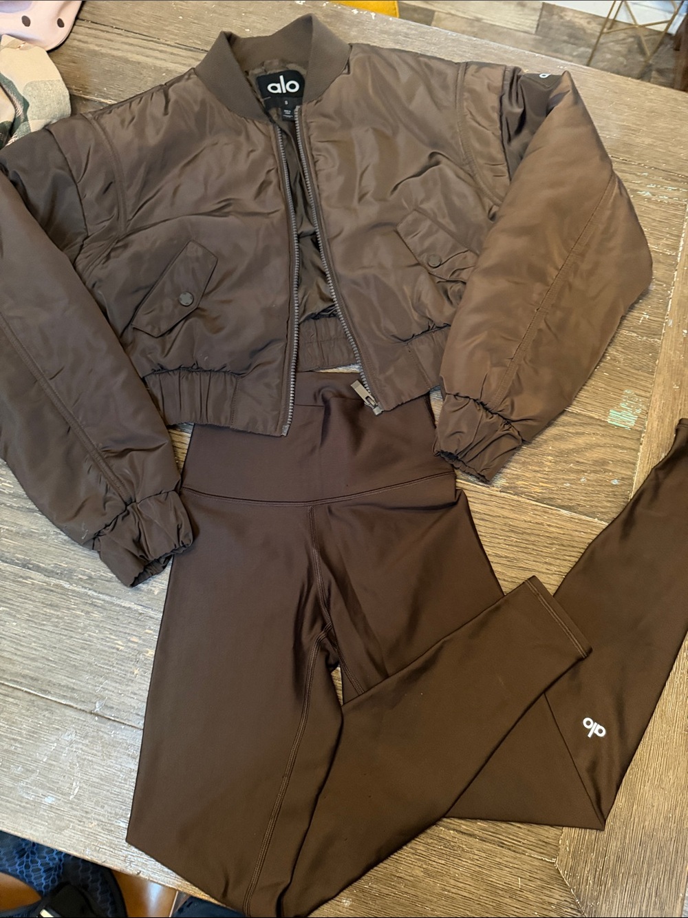 ALO Yoga Women's Brown Cropped Bomber Jacket and matching brown leggings!